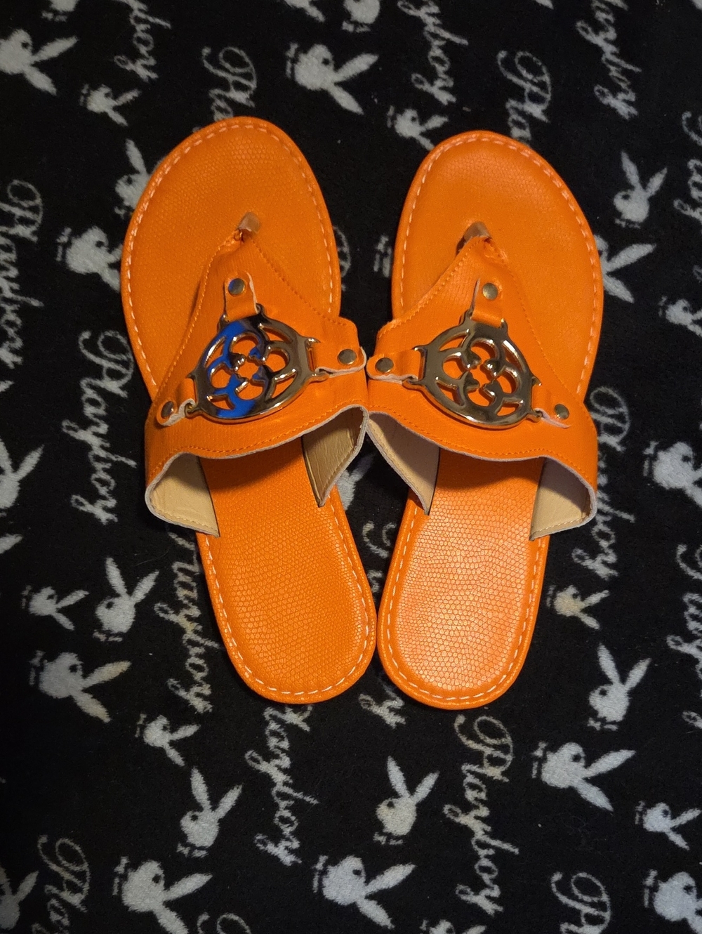 Women’s Orange Slide Sandals with Decorative Metal Accent